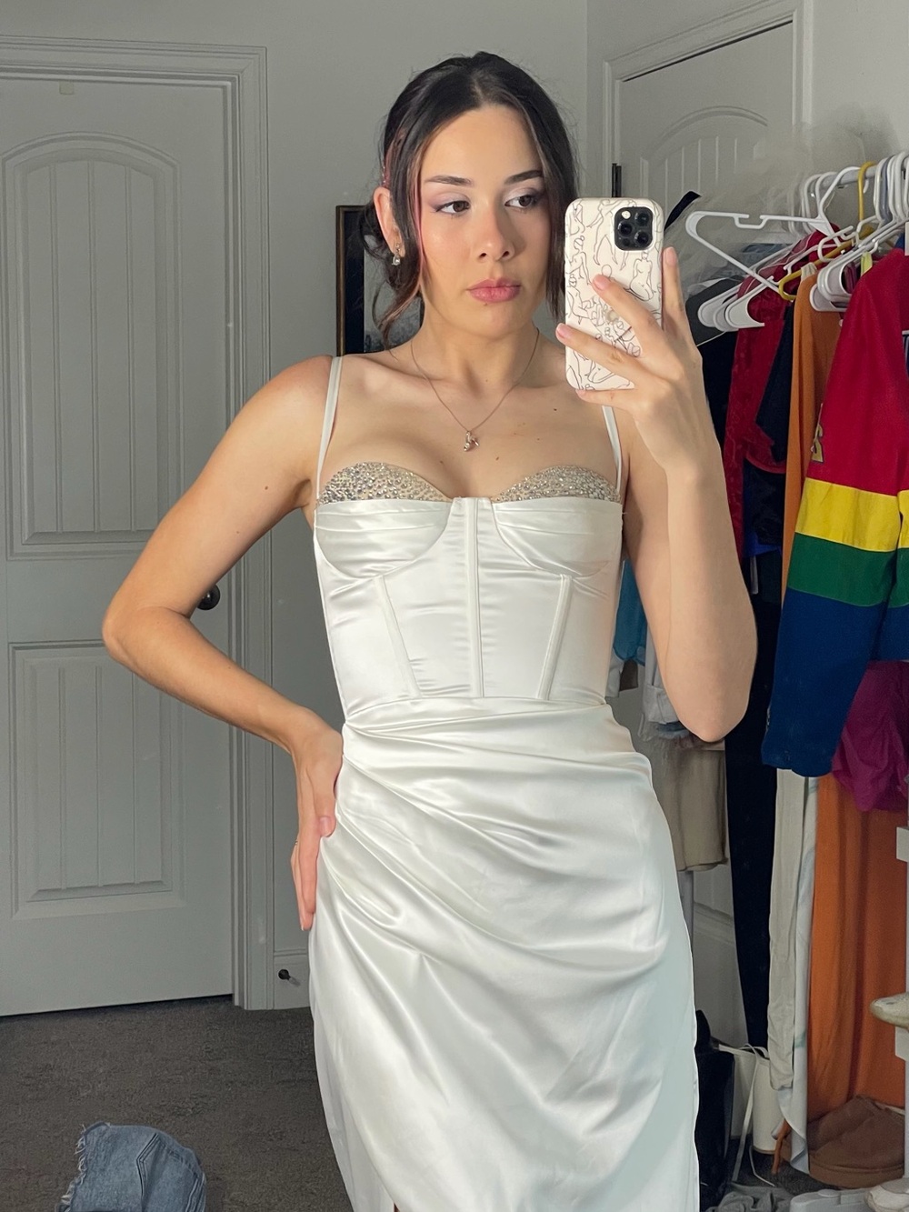 White Satin Bustier Slip Dress with Embellished Cups
